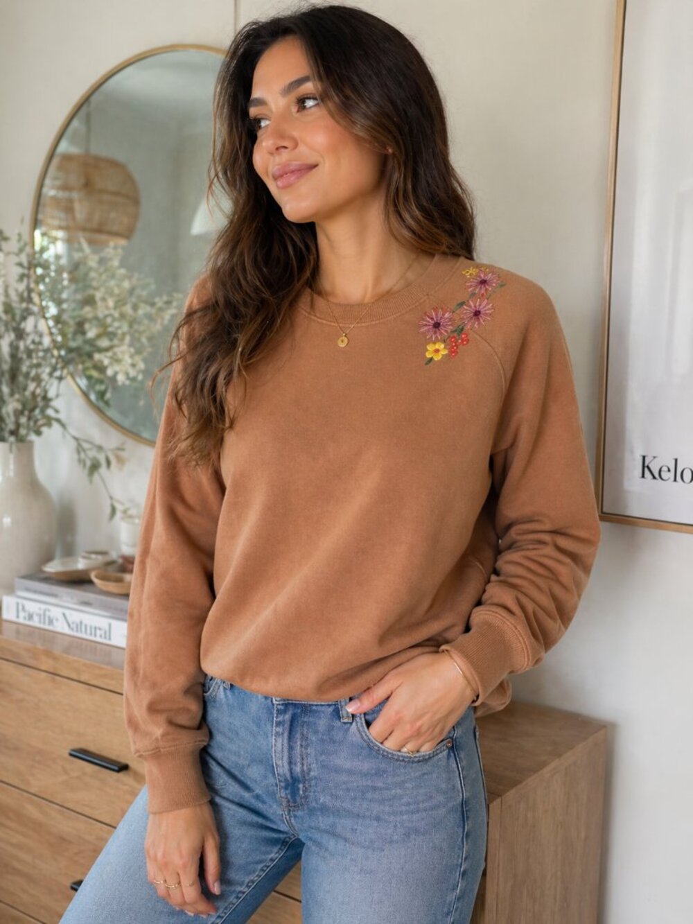 Something Navy Embroidered Crewneck Sweatshirt Camel Floral Shoulder NWT S M